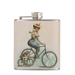 Vintage Victorian Lady Dog Bicycle Hip Flask