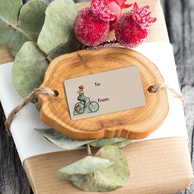Vintage Victorian Lady Dog Bicycle Label (Victorian lady and her bulldog riding bicycles on tag gift tag labels.)