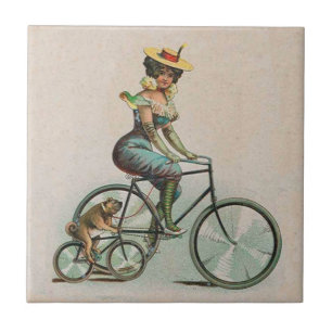Vintage Victorian Lady Dog Bicycle Tile