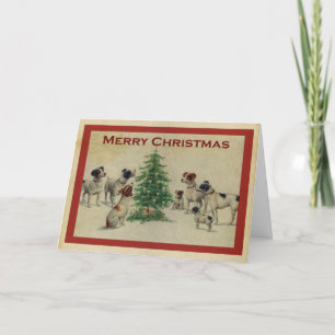 Vintage Victorian Merry Christmas Terrier Dogs Holiday Card