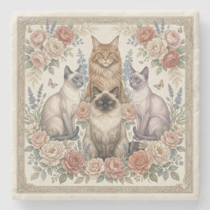 Vintage Victorian Ornamental Floral Feline Art Stone Coaster