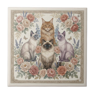 Vintage Victorian Ornamental Floral Feline Art Tile