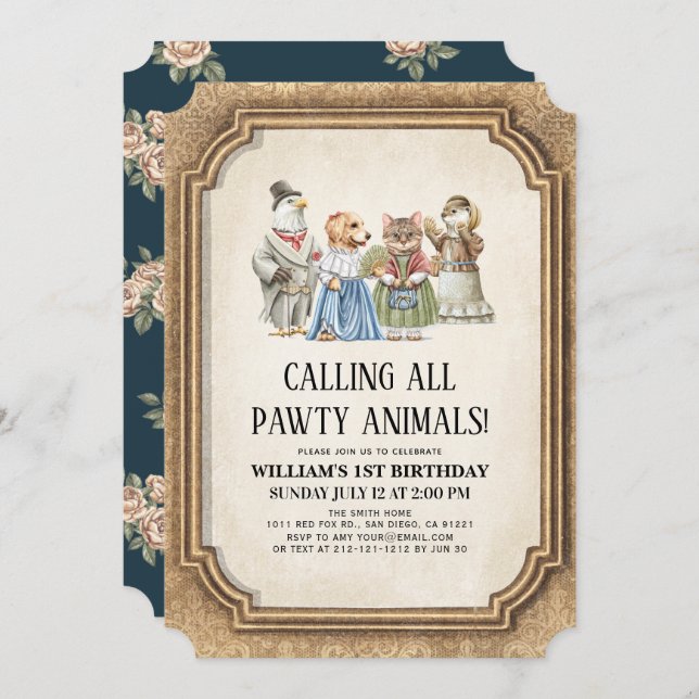 Vintage Victorian Pawty Animals Boy Birthday Invitation (Front/Back)