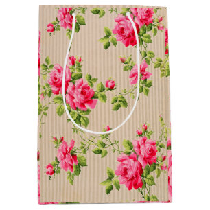 Vintage victorian pink floral stripe rose medium gift bag