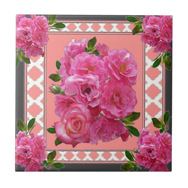 vintage victorian pink rose pattern art tile (Front)