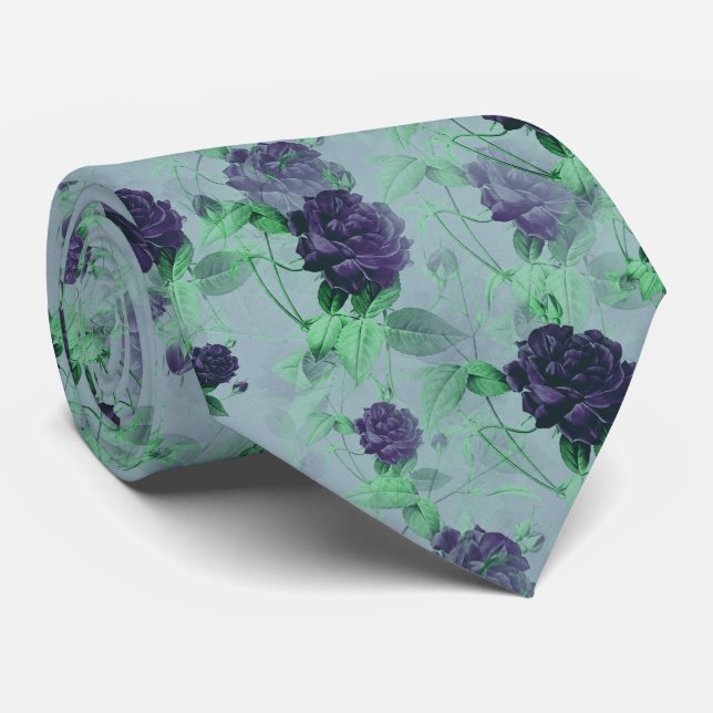Vintage Victorian Purple Rose Flower Pattern Tie (Rolled)
