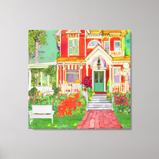 Vintage Victorian Red House with Wrap Around Porch Canvas Print