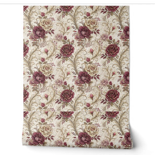 Vintage Victorian Roses - Burgundy Floral Design Wallpaper