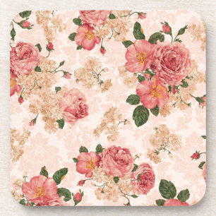 Vintage Victorian Roses on Pink Damask Coaster