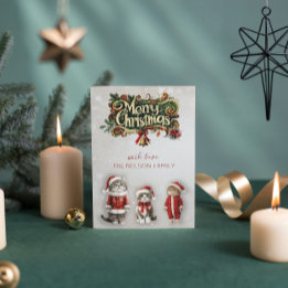 Vintage Victorian Santa Cat Christmas Flat Holiday Card