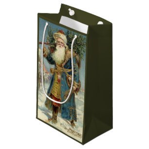 Vintage Victorian Santa Claus with Christmas Tree Small Gift Bag