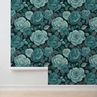 Vintage Victorian Teal Grey Floral Climbing Roses Wallpaper