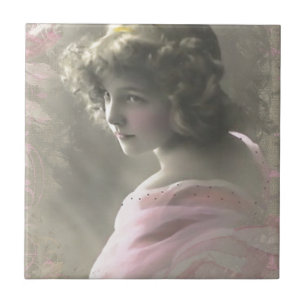 Vintage Victorian Teenage Girl in Pink Tile