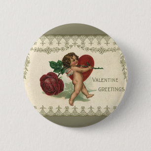 Vintage Victorian Valentine Cherub, Rose and Heart 6 Cm Round Badge