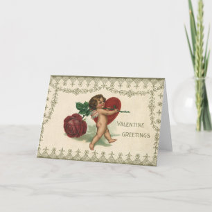 Vintage Victorian Valentine Cherub, Rose and Heart Holiday Card