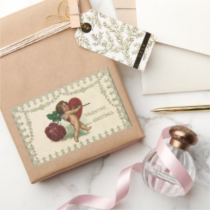 Vintage Victorian Valentine Cherub, Rose and Heart Rectangular Sticker