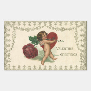 Vintage Victorian Valentine Cherub, Rose and Heart Rectangular Sticker