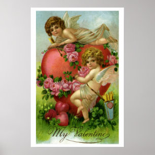 Vintage Victorian Valentines Day Angels Heart Rose Poster