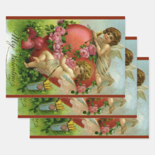 Vintage Victorian Valentines Day Angels Heart Rose Wrapping Paper Sheet