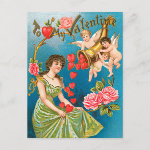 Vintage Victorian Valentine's Day Angels & Hearts Holiday Postcard