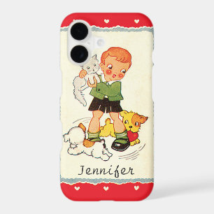 Vintage Victorian Valentines Day Boy, Cat and Dogs