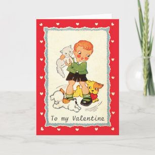 Vintage Victorian Valentines Day Boy, Cat and Dogs Holiday Card