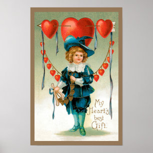 Vintage Victorian Valentines Day, Boy with Hearts Poster