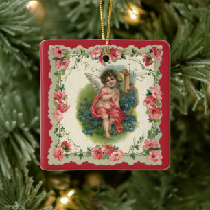 Vintage Victorian Valentine's Day, Cherub on Phone Ceramic Tree Decoration