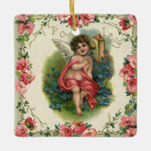 Vintage Victorian Valentine's Day Cherub on Phone Ceramic Tree Decoration