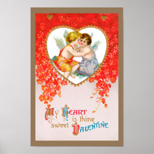 Vintage Victorian Valentines Day, Cherubs in Heart Poster