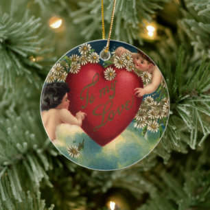 Vintage Victorian Valentines Day Cherubs in Heaven Ceramic Tree Decoration