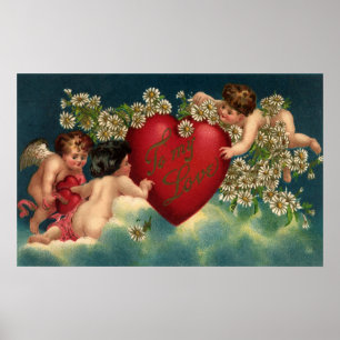 Vintage Victorian Valentines Day Cherubs in Heaven Poster