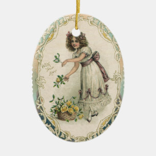 Vintage Victorian Valentine's Day, Girl with Roses Ceramic Tree Decoration