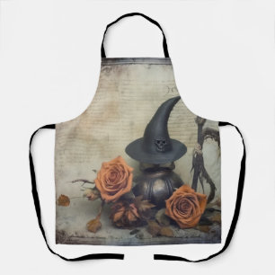 Vintage Victorian Witch Pumpkin Roses Apron