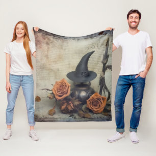 Vintage Victorian Witch Pumpkin Roses Fleece Blanket