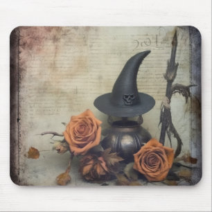 Vintage Victorian Witch Pumpkin Roses Mouse Pad