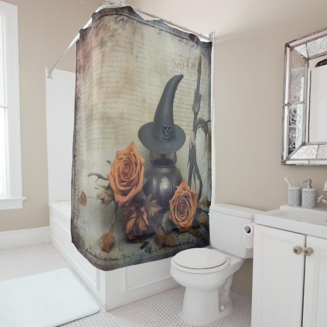 Vintage Victorian Witch Pumpkin Roses Shower Curtain (In Situ)