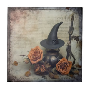Vintage Victorian Witch Pumpkin Roses Tile