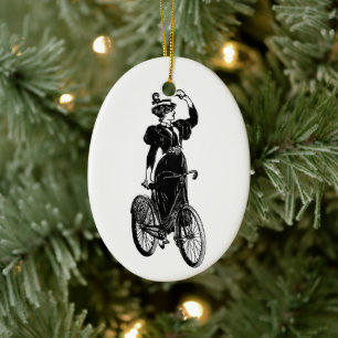 Vintage Victorian Woman Cyclist Antique Bicycle  Ceramic Tree Decoration