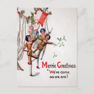 Vintage Victorian Wooden Dancing Christmas Dolls Postcard