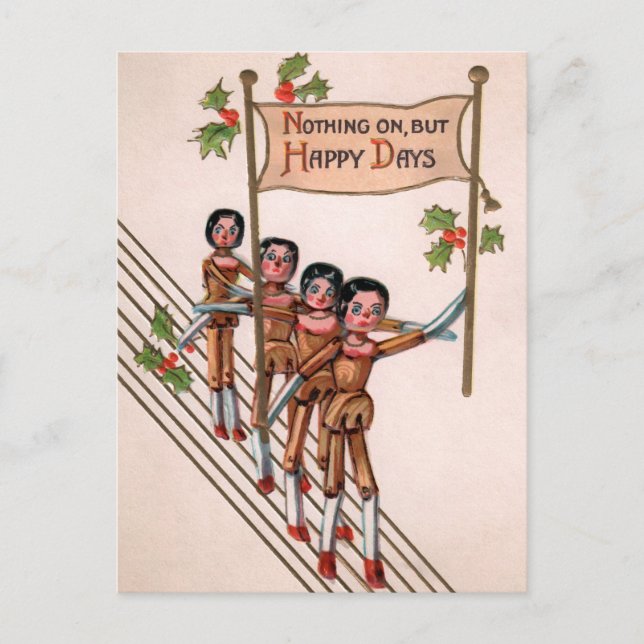 Vintage Victorian Wooden Dolls Happy Christmas Postcard (Front)