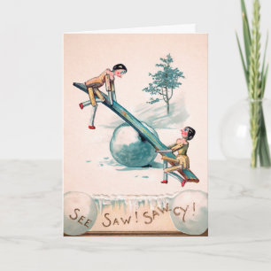 Vintage Victorian Wooden Dolls See Saw Holiday Card