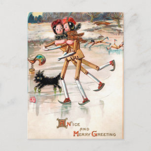 Vintage Victorian Wooden Skating Christmas Dolls Postcard