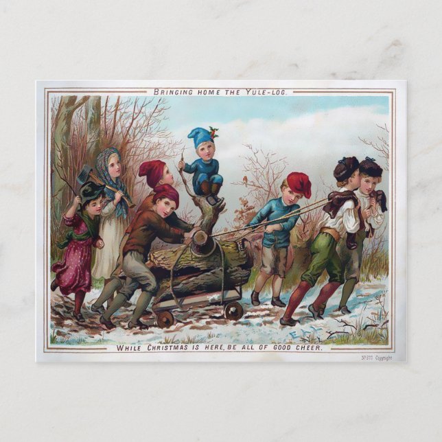 Vintage Victorian Yule Log Christmas Postcard (Front)