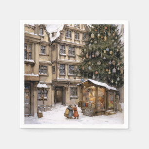 Vintage village Christmas tree gathering Tea Towel Napkin