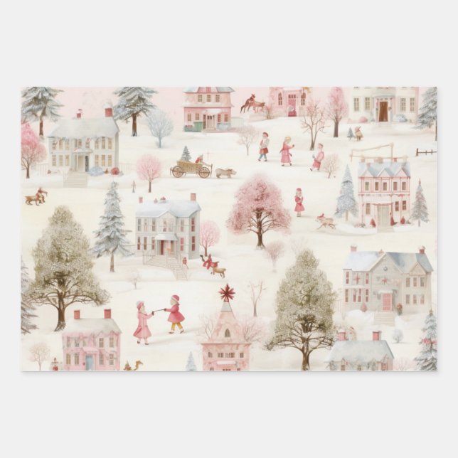 Vintage Village Pink Christmas  Wrapping Paper Sheet (Front)