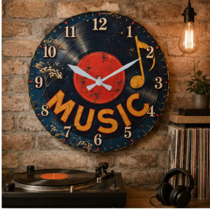 Vintage Vinyl Record Music Large Clock