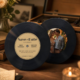 Vintage Vinyl Record Save The Date With Photo Invitation