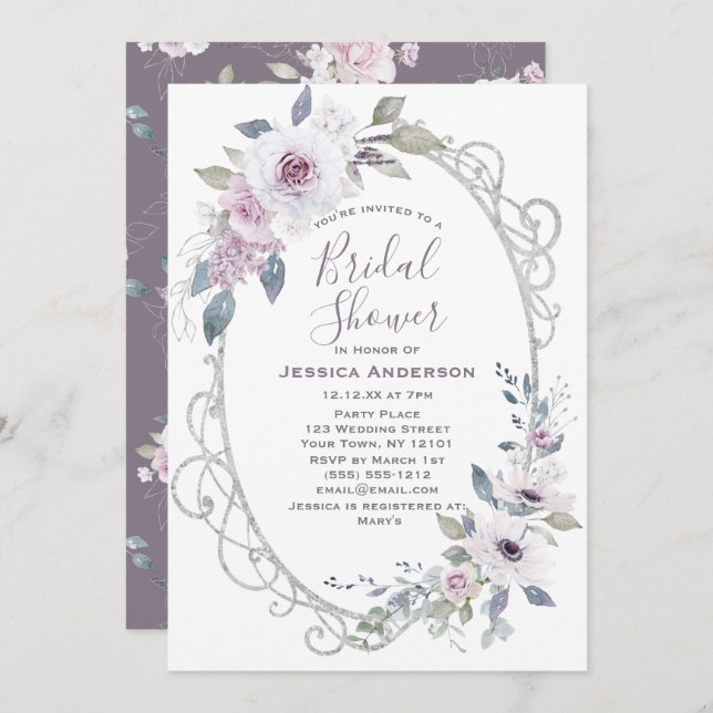 Vintage Violet Rose Silver Bridal Shower Invitation (Front/Back)