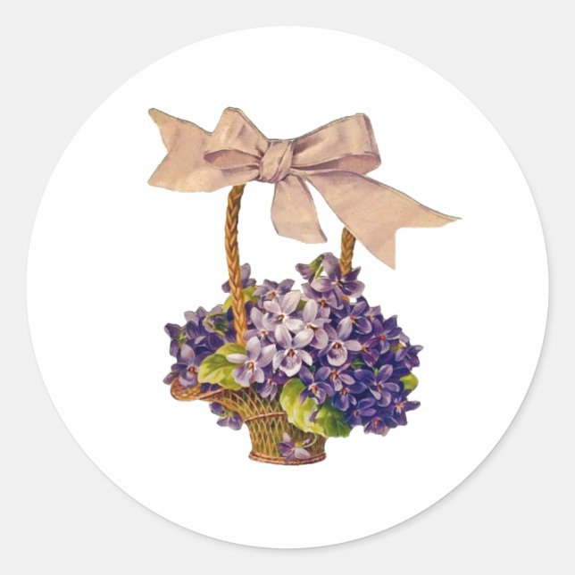 Vintage Violets in a Basket Classic Round Sticker (Front)